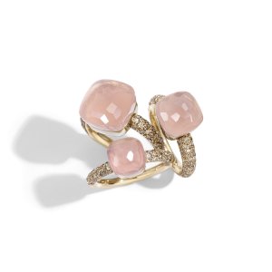 Nudo rings in rose gold with chalcedony, rose quartz and brown diamonds by Pomellato