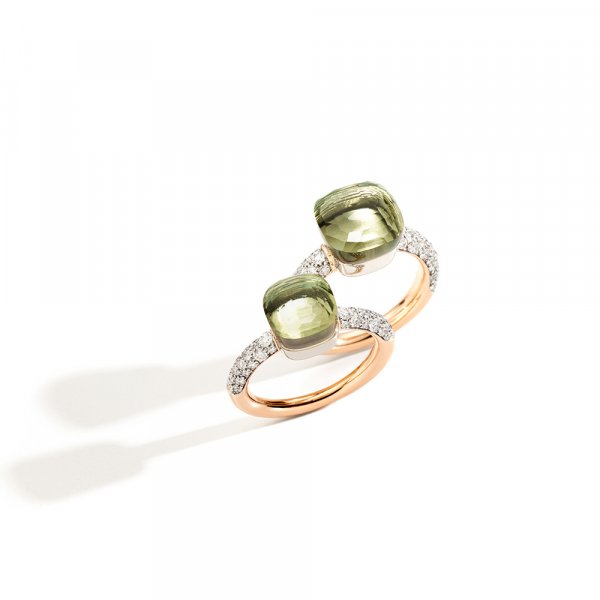 NUDO rings in rose gold with prasiolite and diamonds by Pomellato